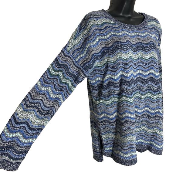 J Jill Sweater Womens M Blue Pullover Striped Wavy Chevron Crew Neck Side Slit - Picture 5 of 11